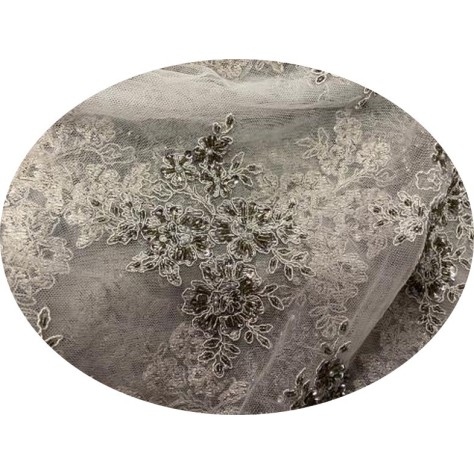 Dentelle Perlée GRISE Au Mètre , En Grande Largeur.