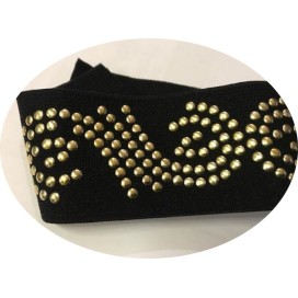Elastique Plat Orné de Clous Doré Sur Fond Noir En 6 Cm Au Mètre A Coudre  Pour Ceintures Loisirs Créatifs Et Customisations.