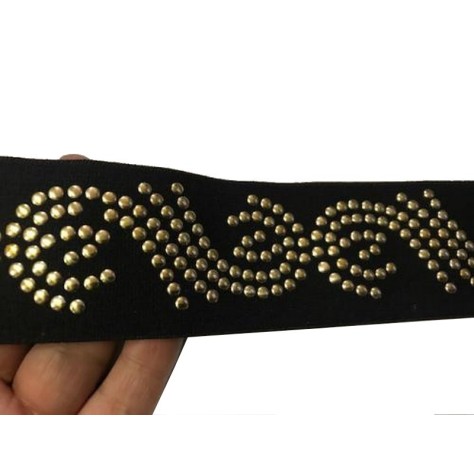 Elastique Plat Orné de Clous Doré Sur Fond Noir En 6 Cm Au Mètre A Coudre  Pour Ceintures Loisirs Créatifs Et Customisations.