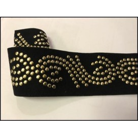 Elastique Plat Orné de Clous Doré Sur Fond Noir En 6 Cm Au Mètre A Coudre  Pour Ceintures Loisirs Créatifs Et Customisations.