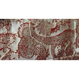 Tissu Brocart Double Face Au Mètre De Luxe En Motifs Jacquard  Rouge Sur Fond Doré Or Pour Robes, Tailleurs Et Caftans.