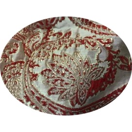 Tissu Brocart Double Face Au Mètre De Luxe En Motifs Jacquard  Rouge Sur Fond Doré Or Pour Robes, Tailleurs Et Caftans.