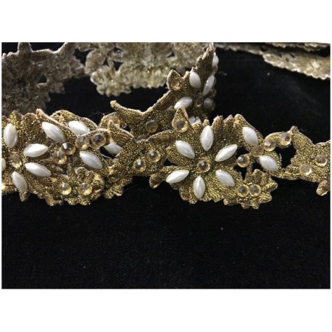 Galon Ruban Brodé Doré OR En Perles Blanches Et Strass thermocollant  Pour Décorations Caftans Et Customisations.