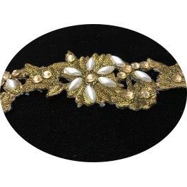 Galon Ruban Brodé Doré OR En Perles Blanches Et Strass thermocollant  Pour Décorations Caftans Et Customisations.