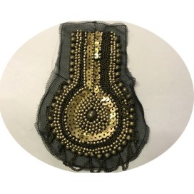 Motif Applique Patch en Sequin Bronze Kaki Sur Tulle Noir