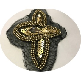 Motif Applique Patch en Sequin Bronze Kaki Orné De Strass