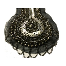 Motif Applique Patch en Sequin Bronze Kaki Sur Tulle Noir