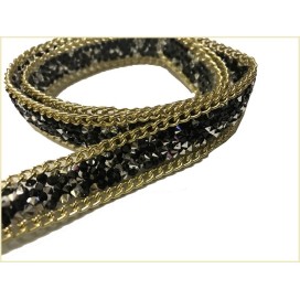 Ruban Strass Au Mètre Noir Orné De Chainette Doré Or -  Galon Thermocollant