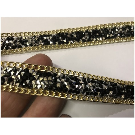 Ruban Strass Au Mètre Noir Orné De Chainette Doré Or -  Galon Thermocollant
