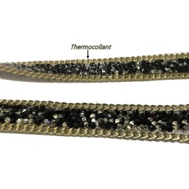 Ruban Strass Au Mètre Noir Orné De Chainette Doré Or -  Galon Thermocollant