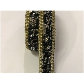 Ruban Strass Au Mètre Noir Orné De Chainette Doré Or -  Galon Thermocollant