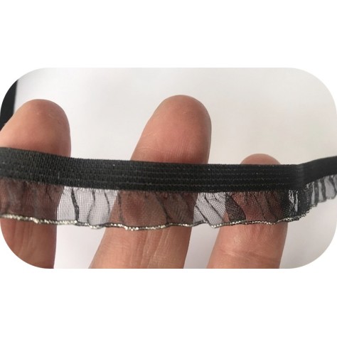 Galon Ruban Organza élastique En Noir FrouFrou Avec Finition Argenté A Coudre.