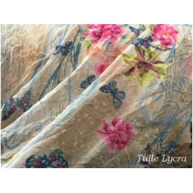 Tissu Résille Froissé  Imprimé Fleurs en  Lycra au Mètre