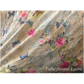 Tissu Résille Froissé  Imprimé Fleurs en  Lycra au Mètre