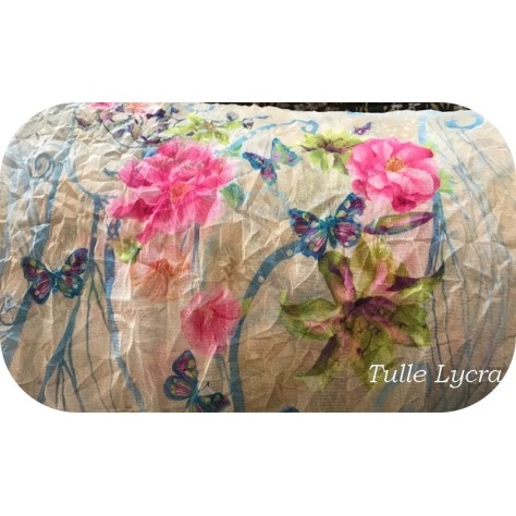 Tissu Résille Froissé  Imprimé Fleurs en  Lycra au Mètre