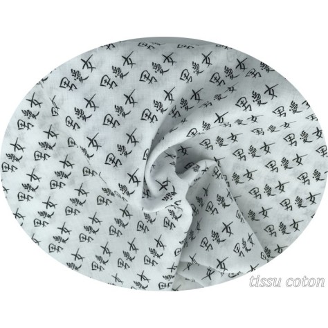 Tissu Voile de Coton Blanc Imprimé Lettre chinoise  Au Mètre En Grande Largeur