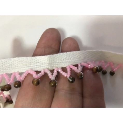 Frange En 2 cm en perlé Rose au mètre sur ruban sergé coton blanc