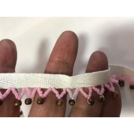 Frange En 2 cm en perlé Rose au mètre sur ruban sergé coton blanc