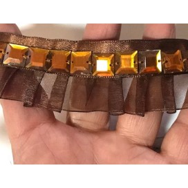 Ruban Strass Carré Sur Organza Plissé Choco Au Mètre Couture