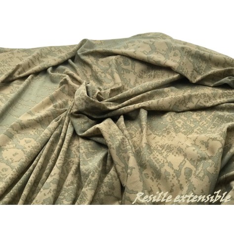 Tissu Résille Imprimée Kaki Et Beige Extensible au Mètre