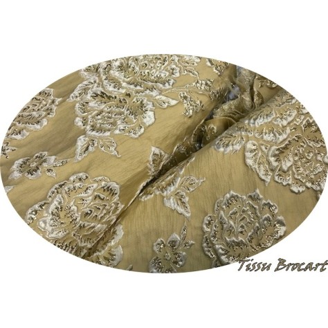 Tissu Brocart Au Mètre De Luxe En Motifs Fleurs Doré Or Imprimés Et En Relief Lurex Or Pour Robes, Tailleurs Et Caftans