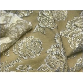 Tissu Brocart Au Mètre De Luxe En Motifs Fleurs Doré Or Imprimés Et En Relief Lurex Or Pour Robes, Tailleurs Et Caftans