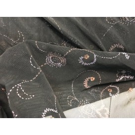 Tissu Résille Tulle Lycra Au Mètre Brodé et Paillété Fantaisie en Couleur Marron Foncé Pour danse Lingerie  Justaucorps.