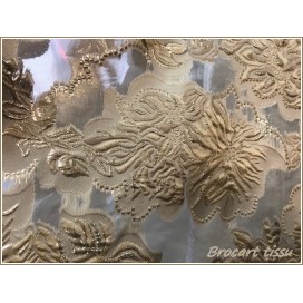 Tissu Brocart Au Mètre De Luxe En Motifs Fleurs Floqué Doré or Sur Organza Imprimés Et En Relief .