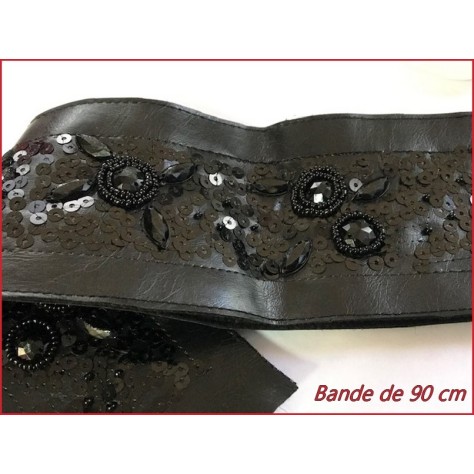 Bande de Ruban Simili Cuir Perlé Noir Au Mètre En  7.5 Cm  A Coudre Pour Vetements  Décorations