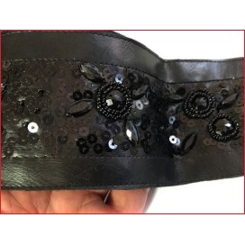 Bande de Ruban Simili Cuir Perlé Noir Au Mètre En  7.5 Cm  A Coudre Pour Vetements  Décorations