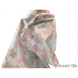 Brocart Tlija Au Mètre De Luxe En Motifs Fleurs Doré Or Sur Organza Rose Pour Robes, Tailleurs Et Caftans