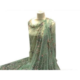 Tissu Haute Couture Pérlé Sur Résille Vert Tilleul Pour Caftans Et Cérémonies.