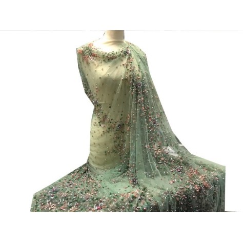 Tissu Haute Couture Pérlé Sur Résille Vert Tilleul Pour Caftans Et Cérémonies.