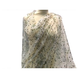 Tissu Haute Couture Pérlé Sur Résille BlanchePour Caftans Et Cérémonies.