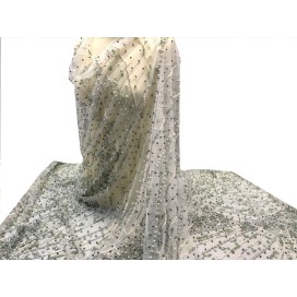 Tissu Haute Couture Pérlé Sur Résille BlanchePour Caftans Et Cérémonies.