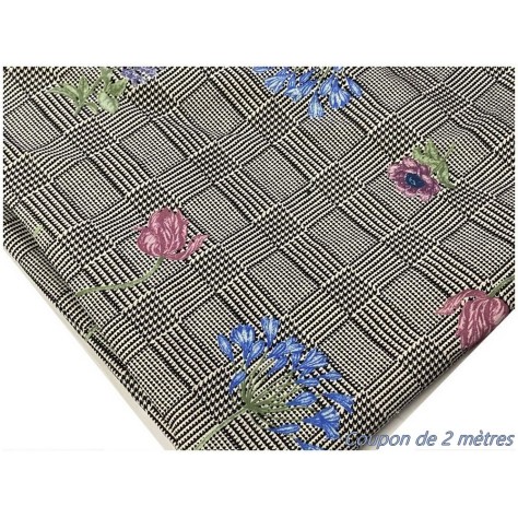 Coupon de 2 Mètres de Tissu Coton Prince De Galle Gris Imprimé fleurs Au Mètre En Grande Largeur