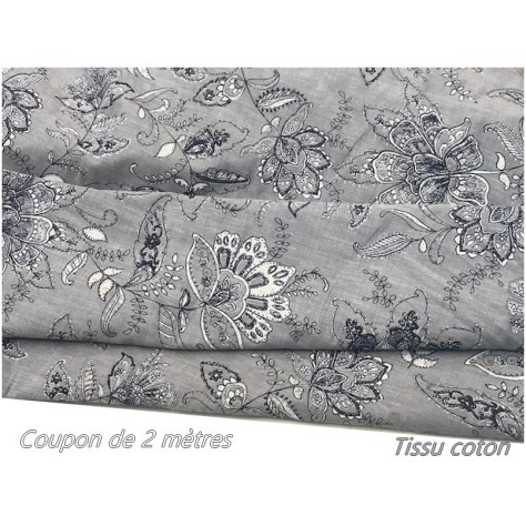 Coupon de 2 Mètres deTissu Coton Imprimé Jeans Fleurs Au Mètre En Grande Largeur