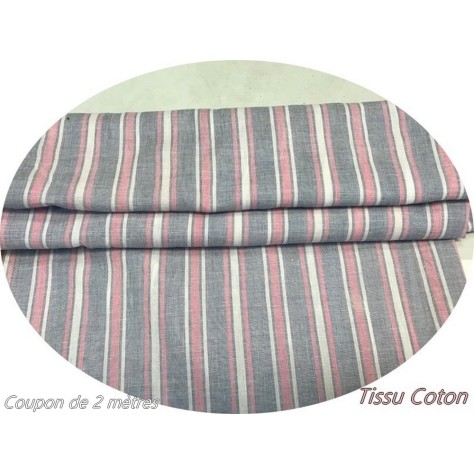 Coupon de 2 Mètres deTissu Coton A Rayure Imprimé Rose et  Blanc Au Mètre En Grande Largeur