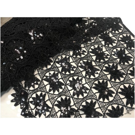Tissu Guipure Sequins Et Paillette noir au mètre En Grande Largeur