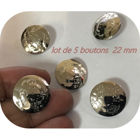 Lot de 5 boutons argenté couture en 20 mm à queue
