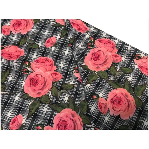 Tissu En Coton Imprimé Prince De Galle Gris fleurs rouge Au Mètre En Grande Largeur