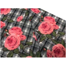 Tissu En Coton Imprimé Prince De Galle Gris fleurs rouge Au Mètre En Grande Largeur