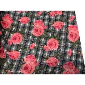Tissu En Coton Imprimé Prince De Galle Gris fleurs rouge Au Mètre En Grande Largeur