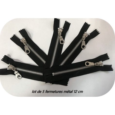 Lot de 5 Fermetures ZIp Argenté mètal  En 12 cm Noir Non Ouvrable