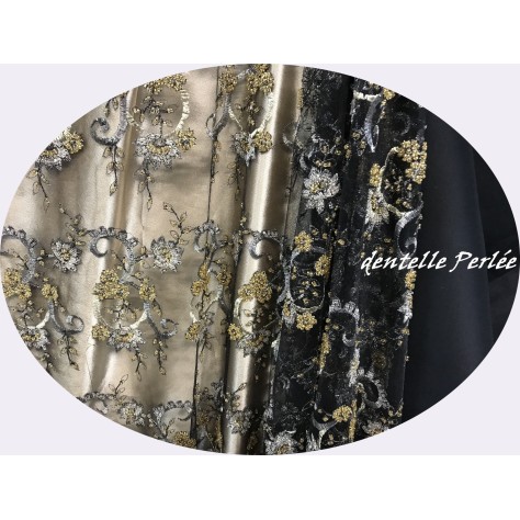 Dentelle Perlée Au Mètre Doré Or Sur fond noir En Grande Largeur Pour Caftan Et Cérémonie.