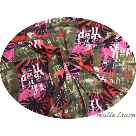 Tissu Résille Fine Imprimée Fuchsia et kaki Lycra Extensible au Mètre