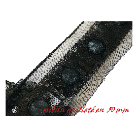 Ruban Sequins Pailleté Noir et simili cuir en 50 mm sur Tulle Pour Décorations et Customisations.