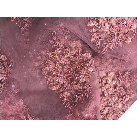 Dentelle Perlée Vieux Rose Au Mètre En Grande Largeur, Pour Robes Du Soir, Bustier, Et Lingerie De Luxe.