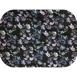 Tissu Satin Imprimé en Roses et Violettes sur Fond Noir : Harmonie Florale