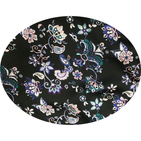 Tissu Satin Imprimé en Roses et Violettes sur Fond Noir : Harmonie Florale